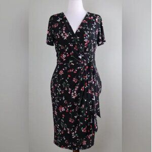 Lauren Ralph Lauren Midi Dress Black Red Floral Faux Wrap Midi Size 6